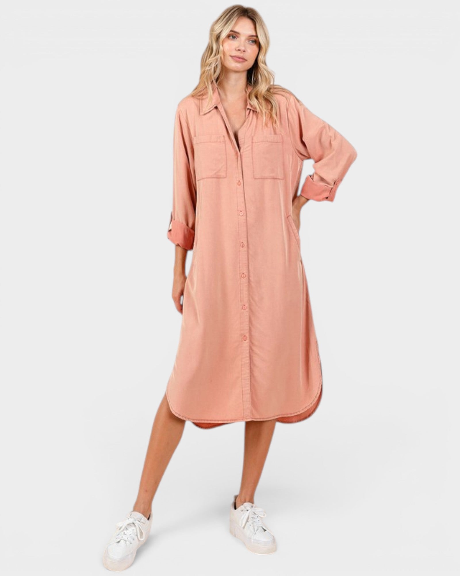 MITTOSHOP Burnt Coral Tencel Button Front Midi Shirt Dress Burnt Coral / S
