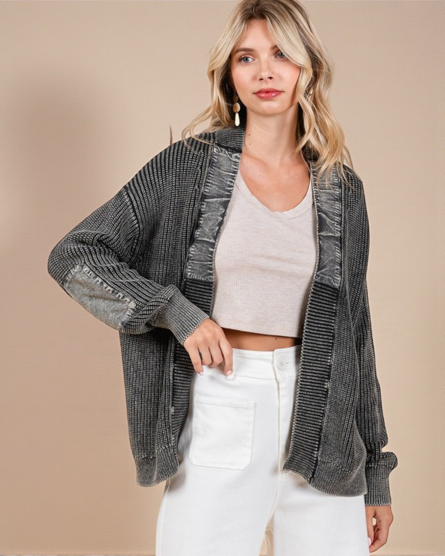 Black Mineral Washed Open Front Cardigan