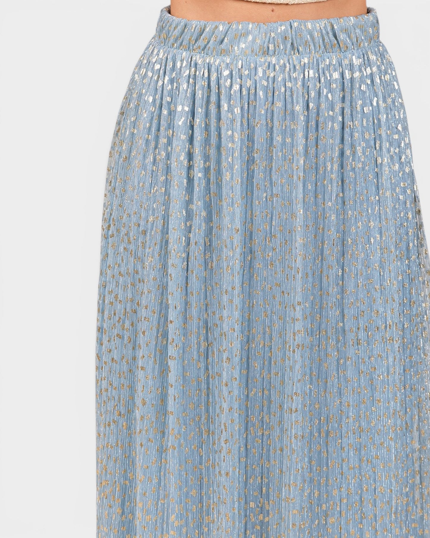 Light Blue Metallic Pleated Midi Skirt
