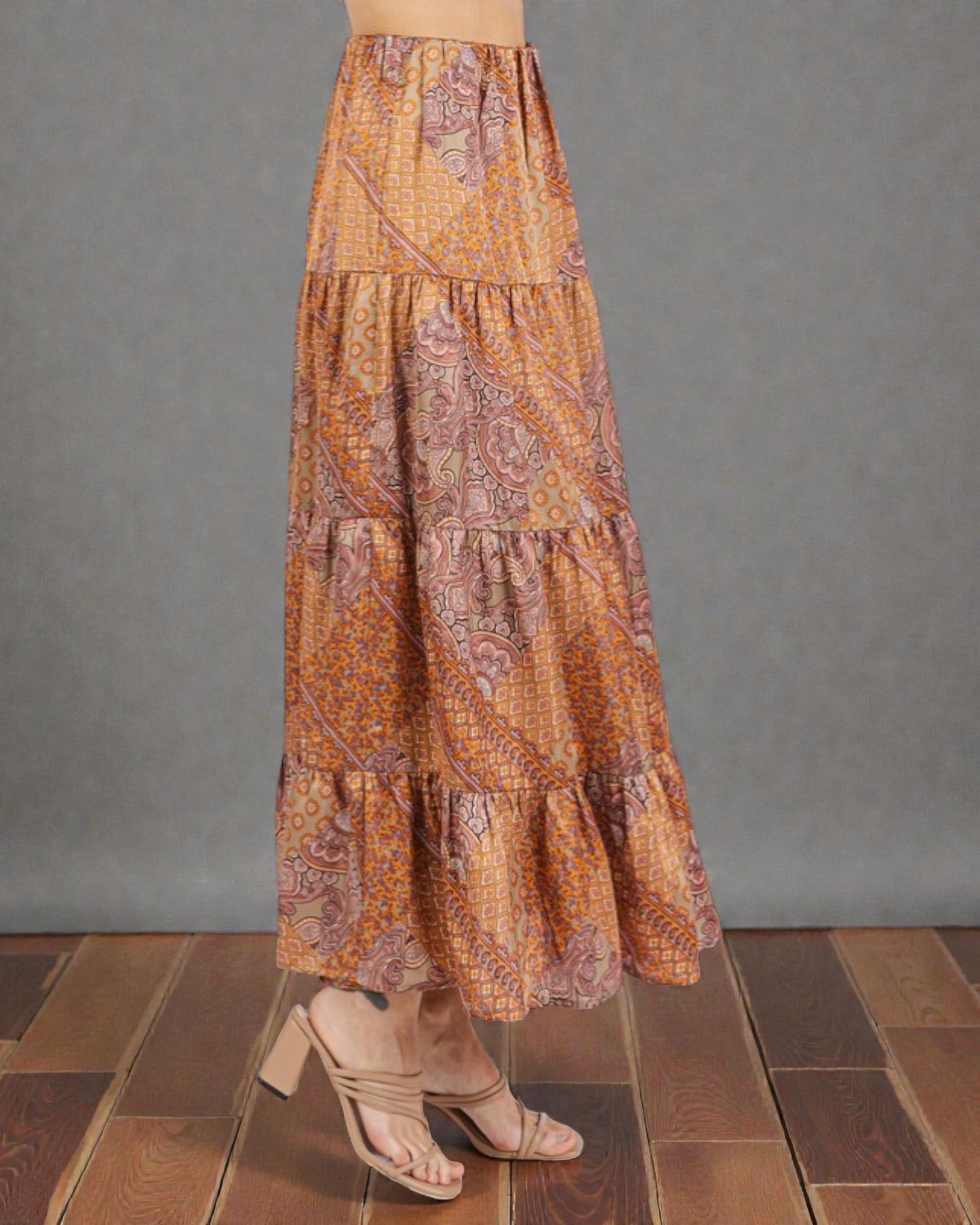 Rust & Mocha Patchwork Tiered Maxi Skirt