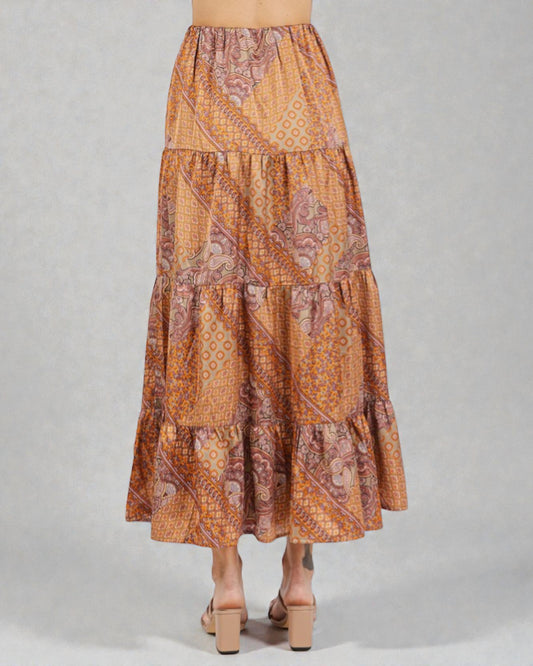 Rust & Mocha Patchwork Tiered Maxi Skirt