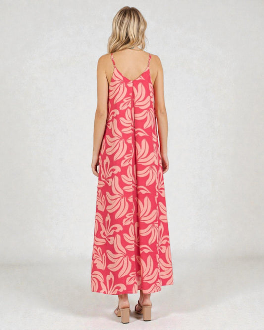 Woman wearing a pink floral dress on a white background