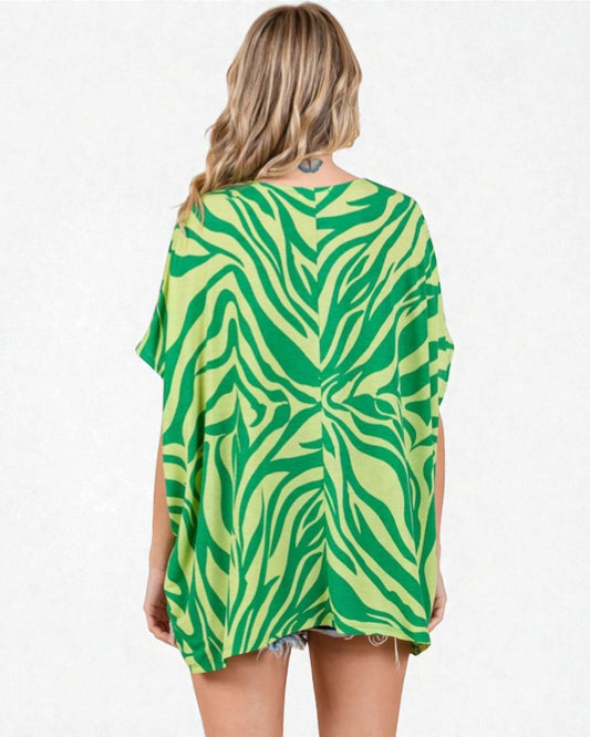 Green and yellow zebra print cover-up on a white background