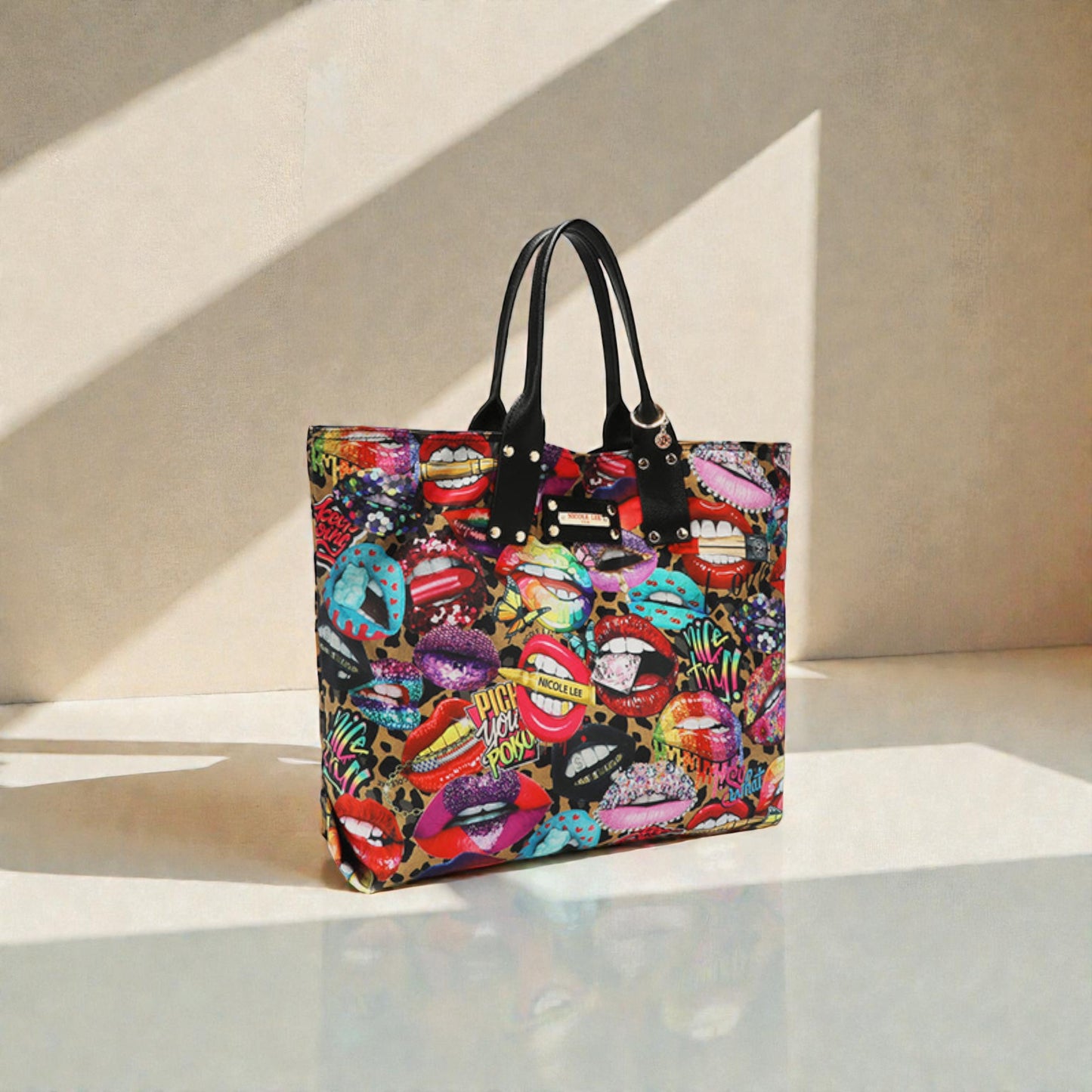 Colorful tote bag with lip print design on a light background