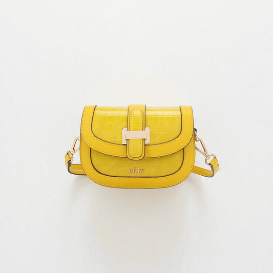 Yellow handbag with gold chain on a white background