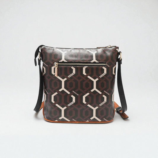 Patterned handbag with geometric design on a light gray background