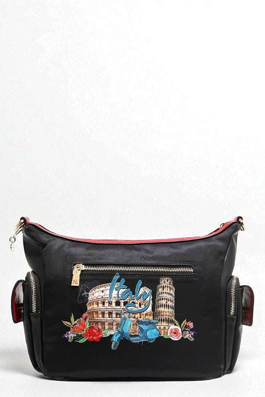 Black bag with Italian-themed design featuring the Colosseum and Leaning Tower of Pisa on a white background.
