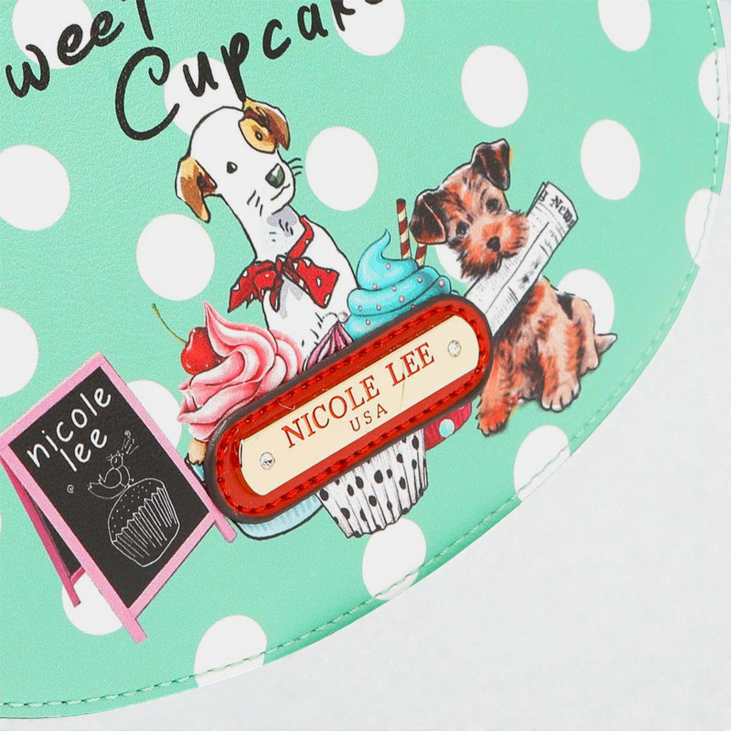 Product with dogs, ice cream, and 'Nicole Lee' branding on a polka dot background