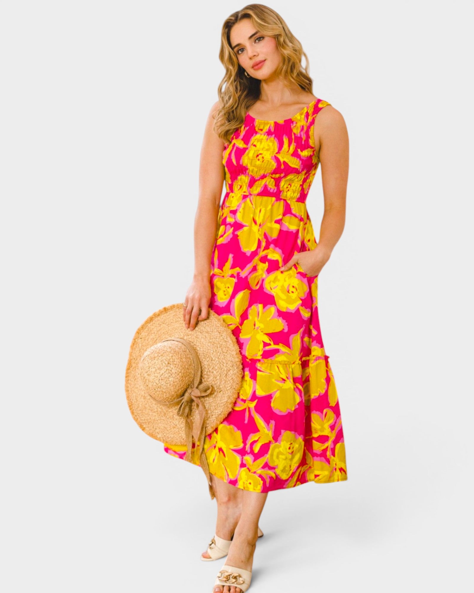 ODDI Hot Pink Floral Smocked Midi Dress Hot Pink / 3XL