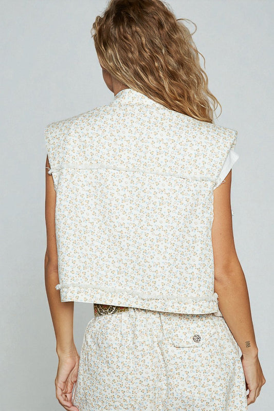 Ivory Ditsy Floral Frayed Edge Denim Vest