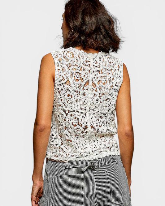 Person wearing a sleeveless lace top with a plain background