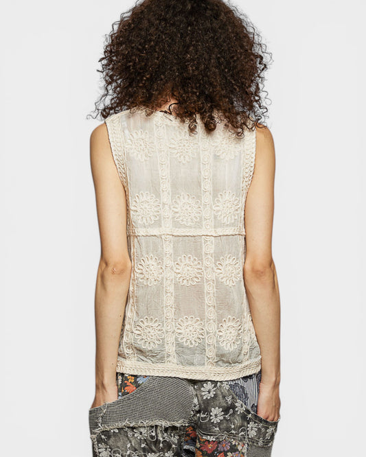 Person wearing a sleeveless lace top with a plain background
