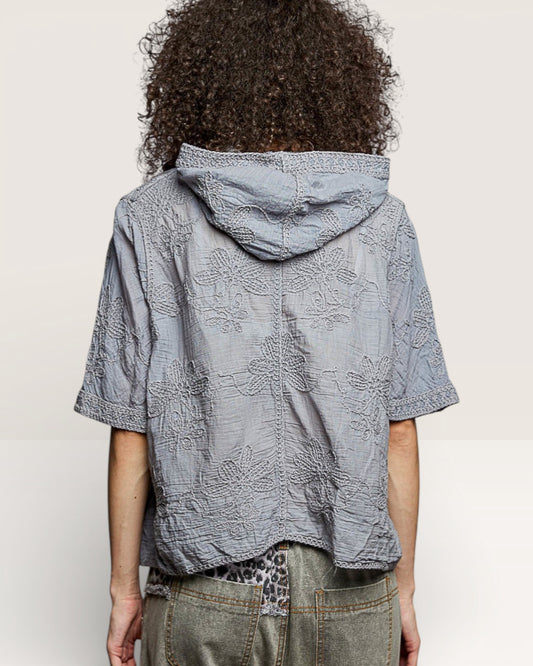 Person wearing a textured gray hooded top with a plain background