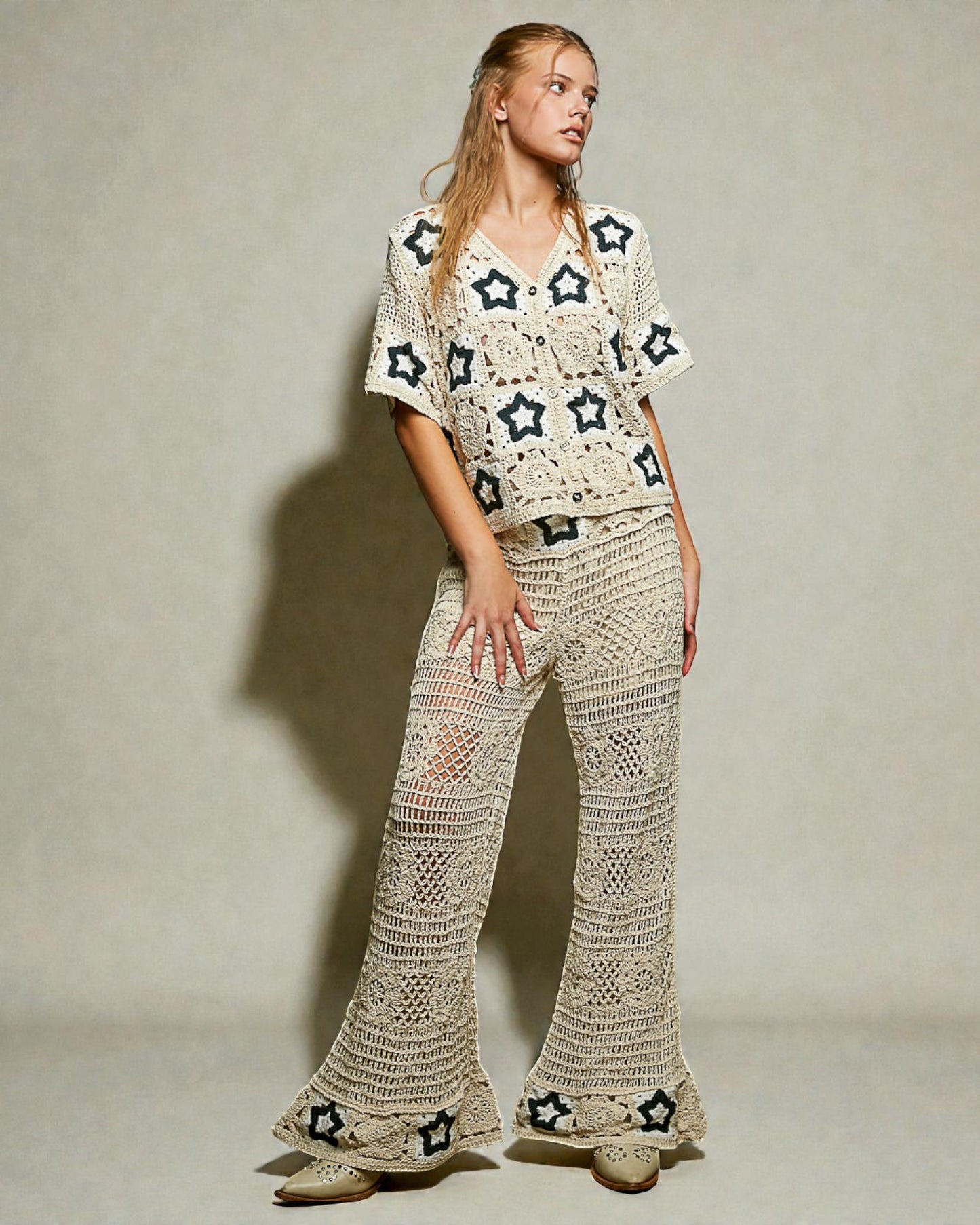 Natural Crochet Star Button-Up Top
