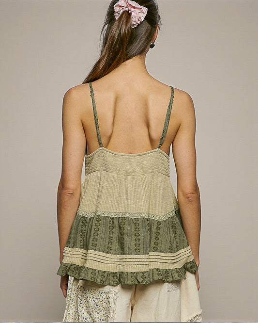 Olive Patchwork Button Front Tank