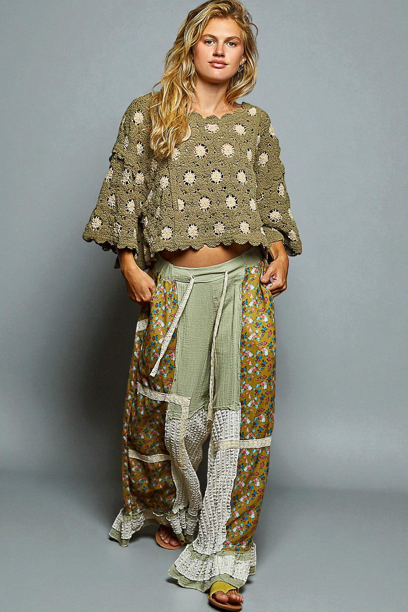 Olive Crochet Floral Sweater Top