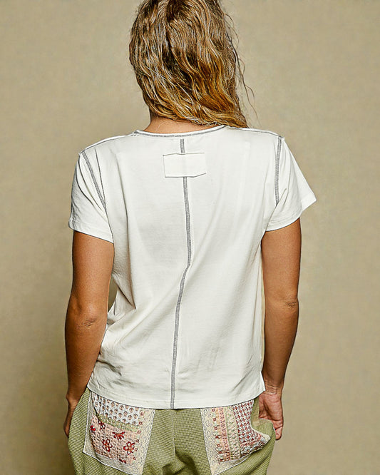 Soft Ivory Contrast Stitch Cropped Tee