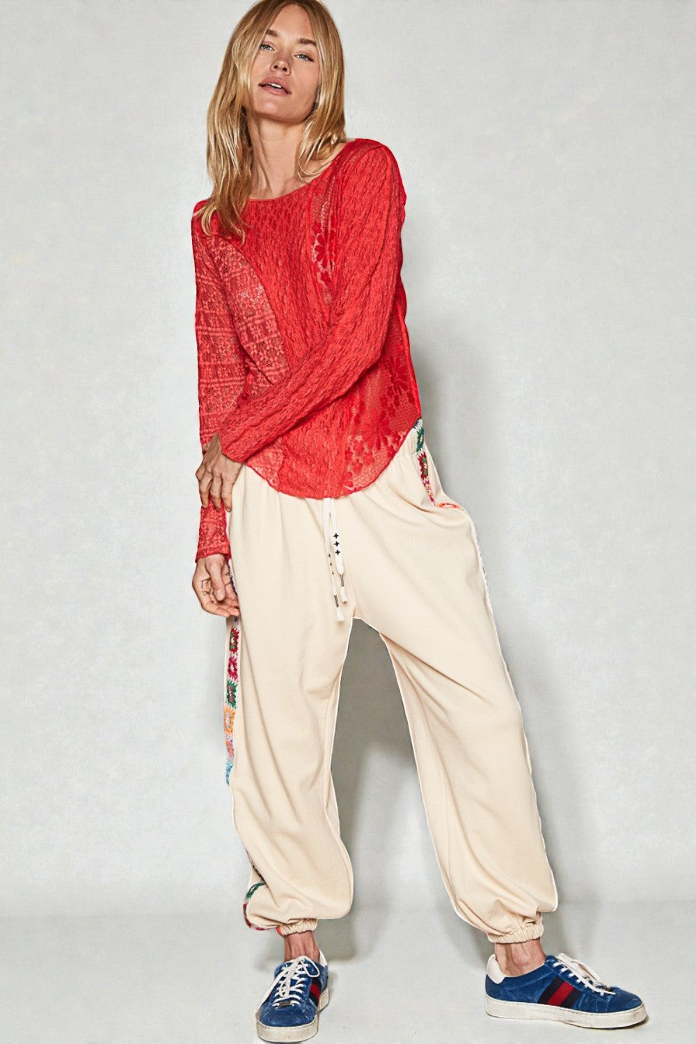 Red Lace Patchwork Long Sleeve Top