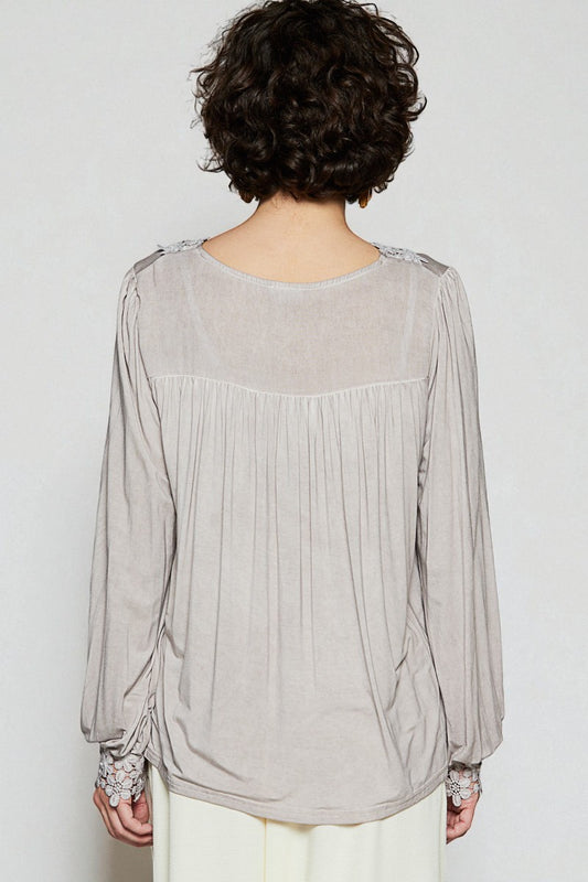 Soft Gray Floral Appliqué V-Neck Top