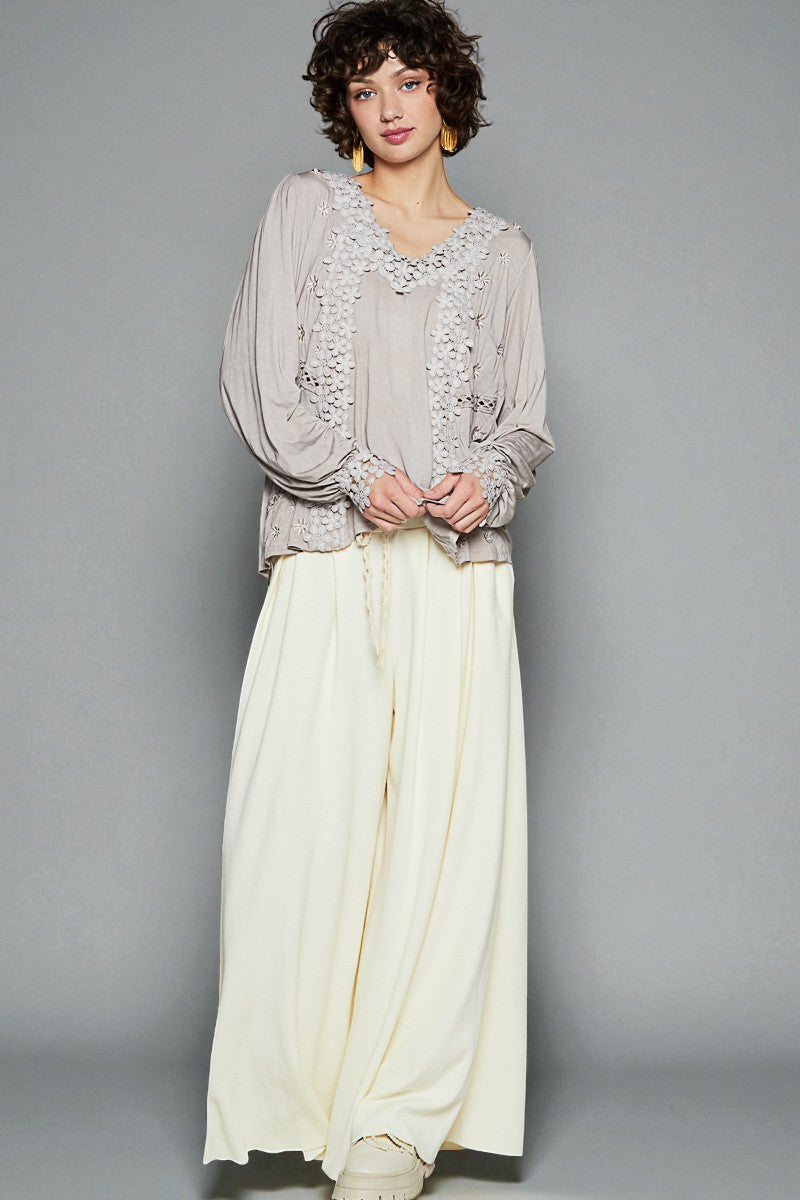 Soft Gray Floral Appliqué V-Neck Top