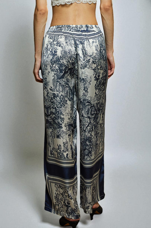 Navy Toile Print Wide Leg Pants