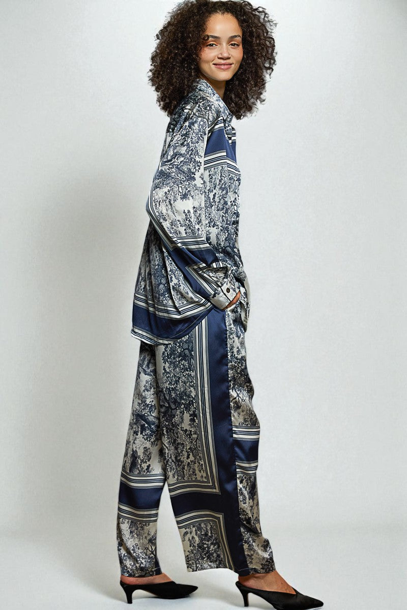 Navy Toile Print Wide Leg Pants