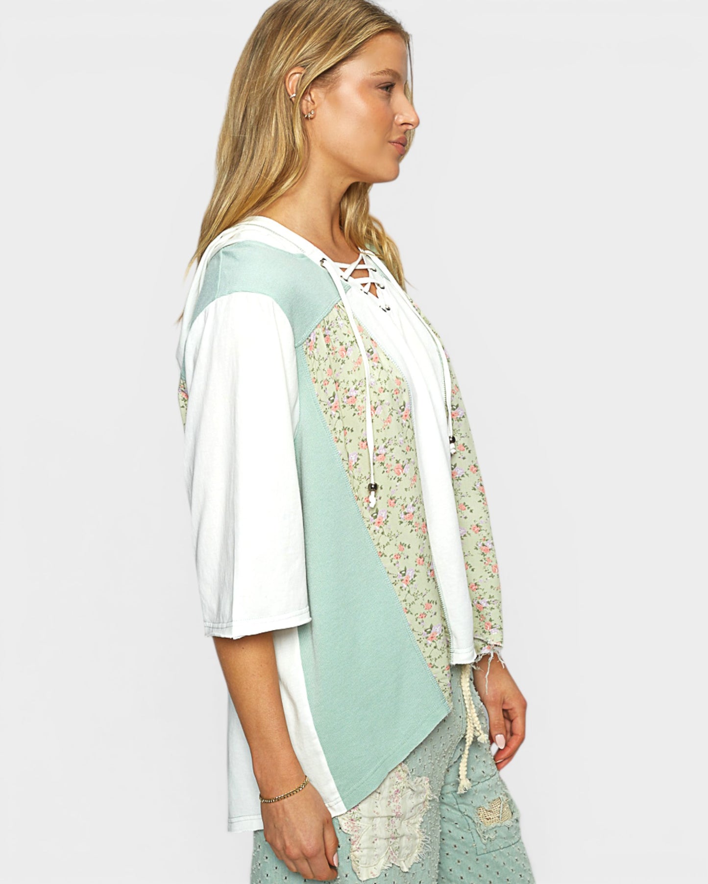 Sage Floral Patchwork Hooded Top
