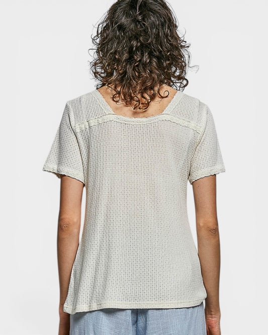 Cream Lace Trim Waffle Knit Top