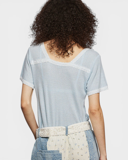Powder Blue Lace Trim Waffle Knit Top
