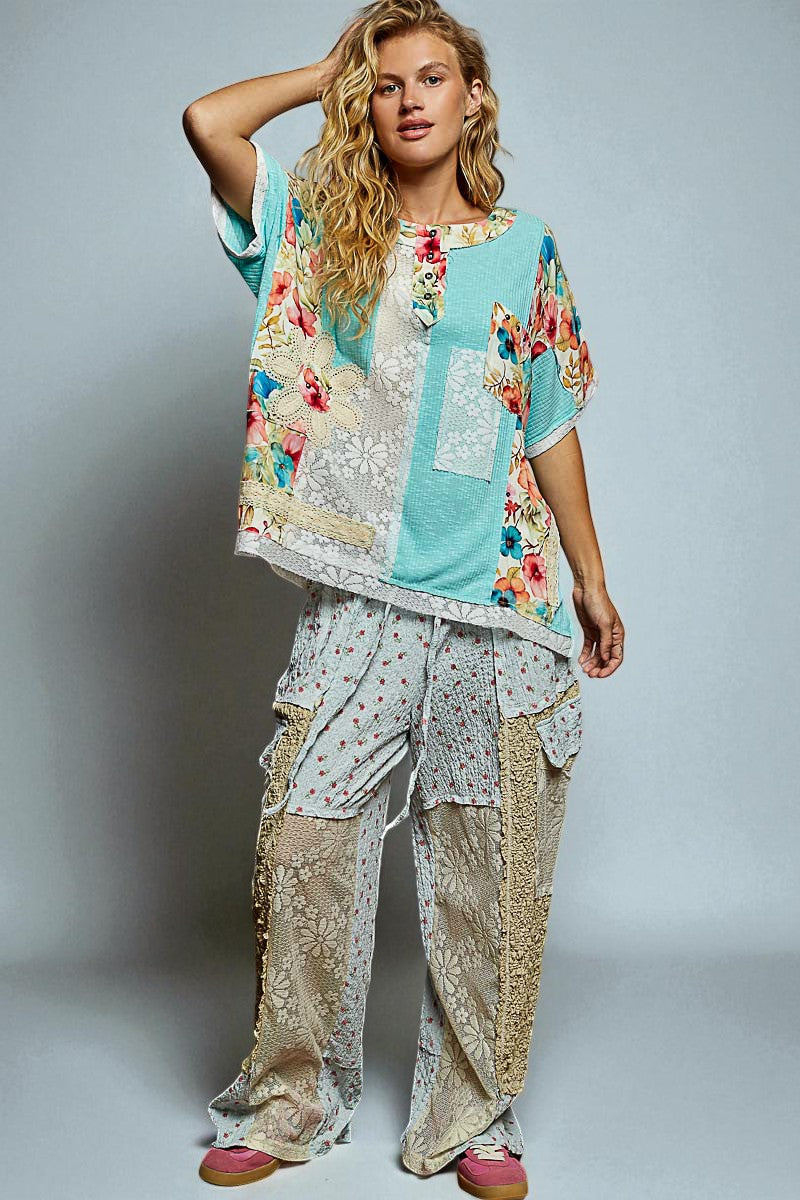 Aqua Floral Patchwork Top