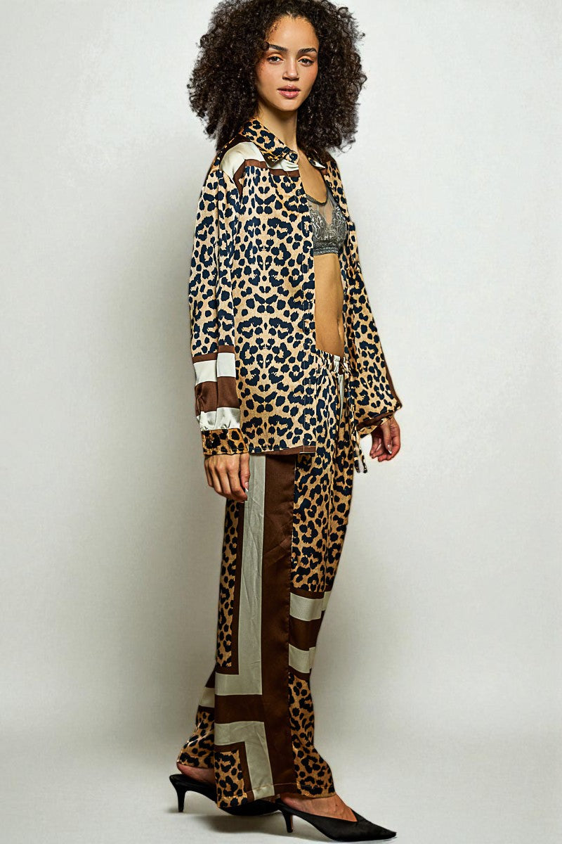 Leopard Print Satin Wide Leg Pants