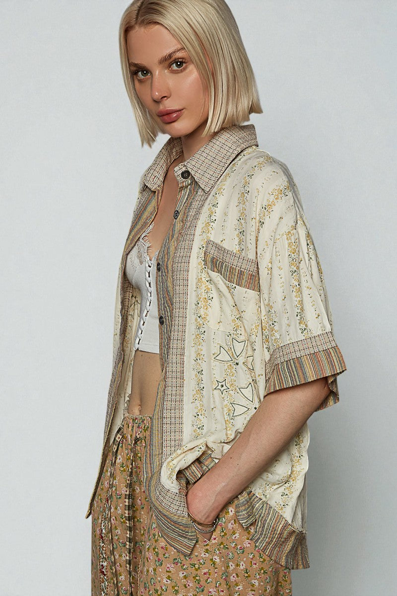 Sage Stripe Patchwork Button Down Top