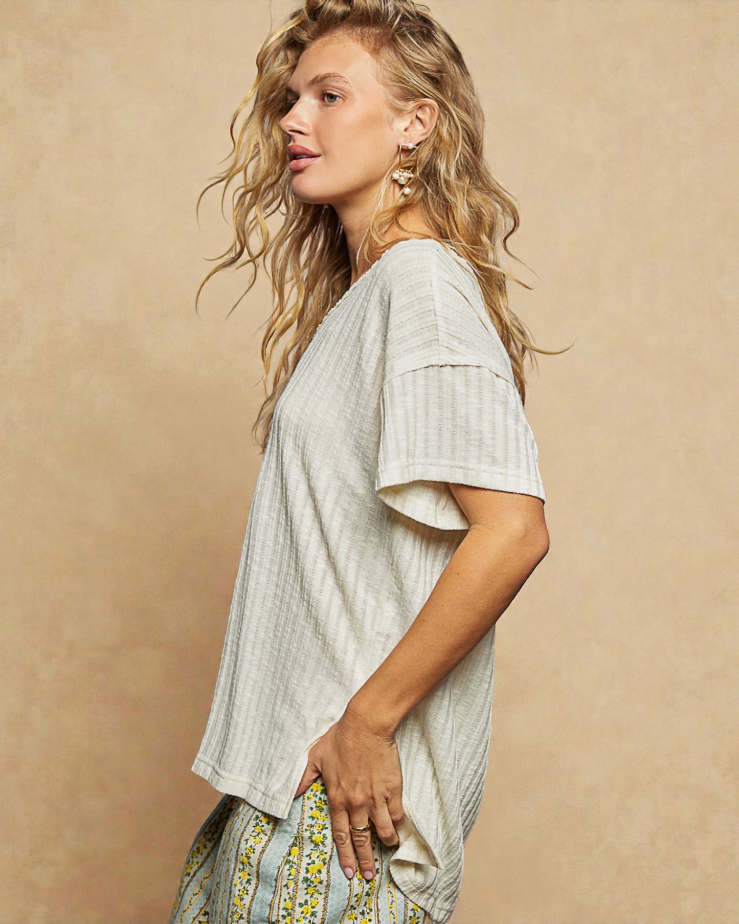 Natural Ribbed V-Neck Relaxed Tee