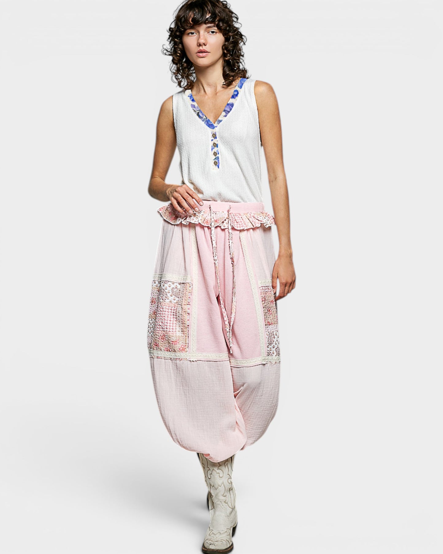 Ivory Floral Trim Waffle Knit Tank