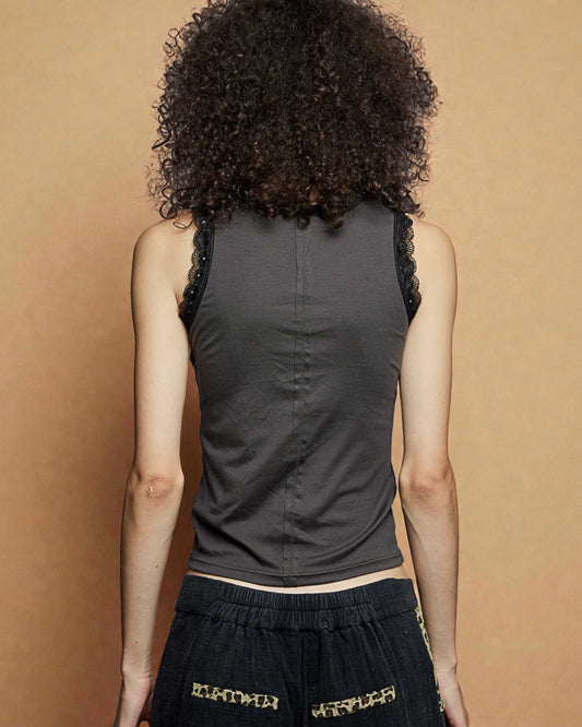 Charcoal Lace Trim Sleeveless Tank
