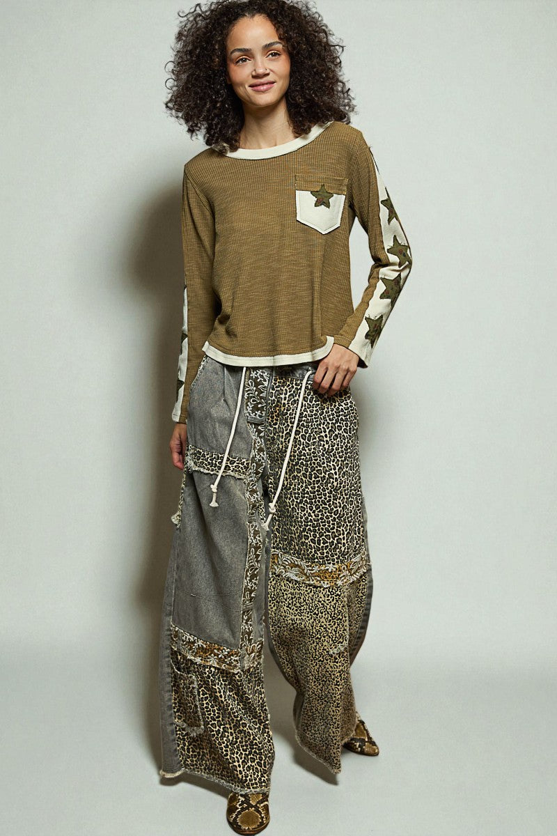 Olive Star Patch Long Sleeve Top