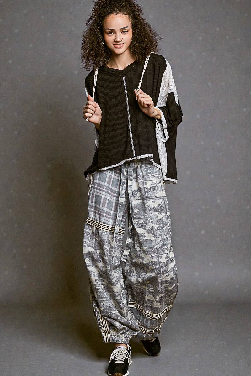 Black & Ivory Lace Trim Hooded Top