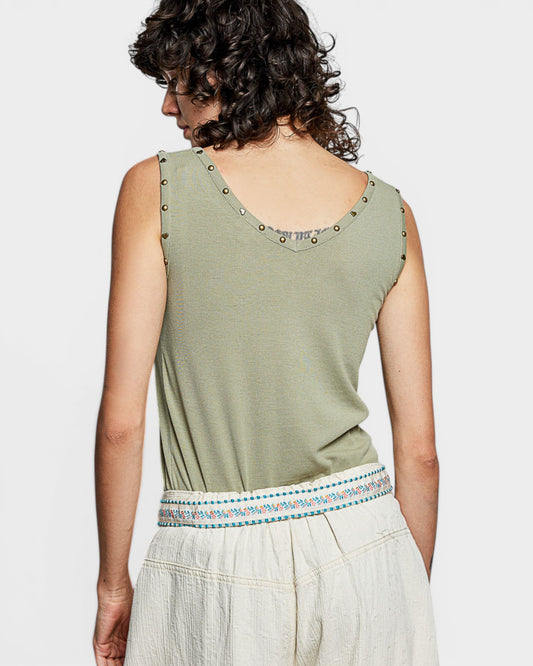 Olive Studded Henley Tank Top