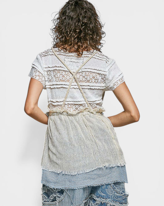 Cream & Blue Frayed Crochet Tie Vest Top