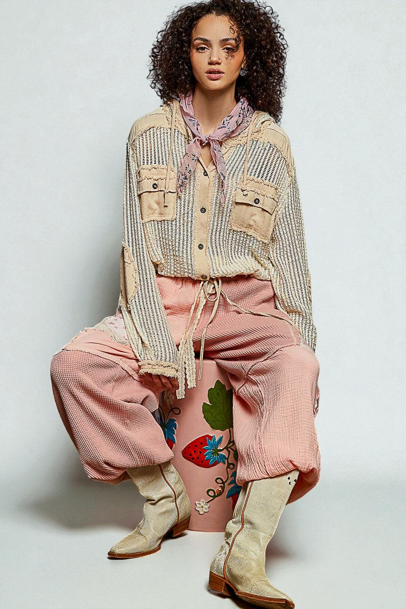 Oat Cream Frayed Mesh Hoodie