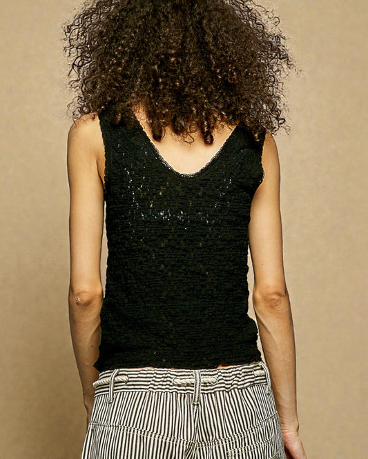 Black Smocked V-Neck Sleeveless Top