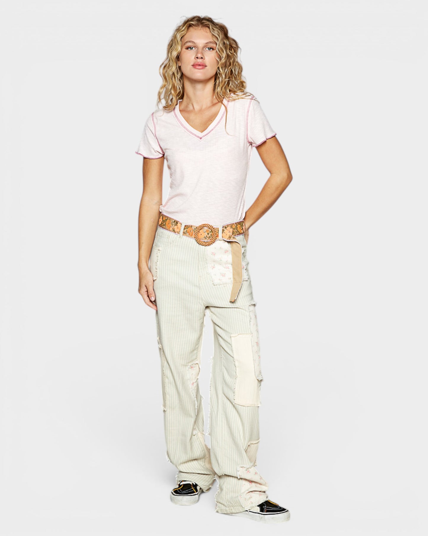 Blush Contrast Stitch V-Neck Tee