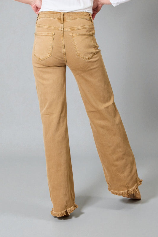 Camel High-Rise Frayed Hem Flare Jeans
