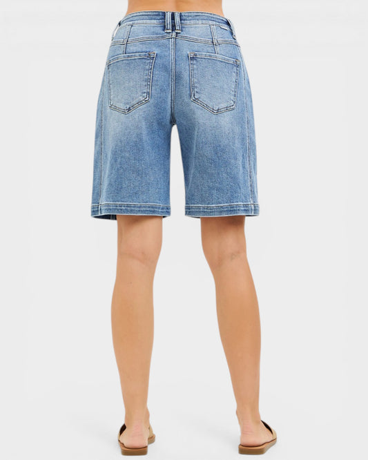 Medium Wash Seam Detail Bermuda Denim Shorts