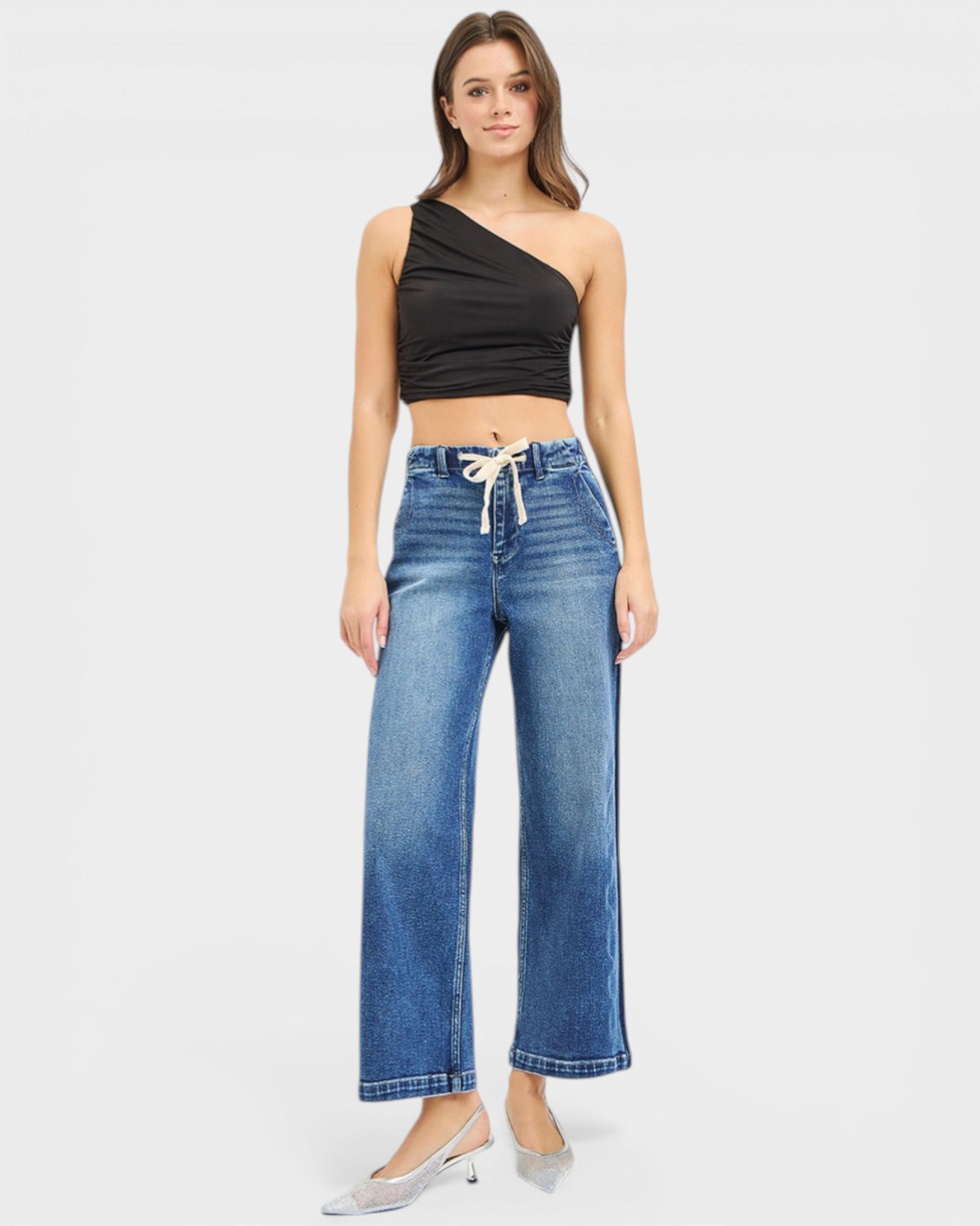Medium Wash Drawstring Wide Leg Jeans