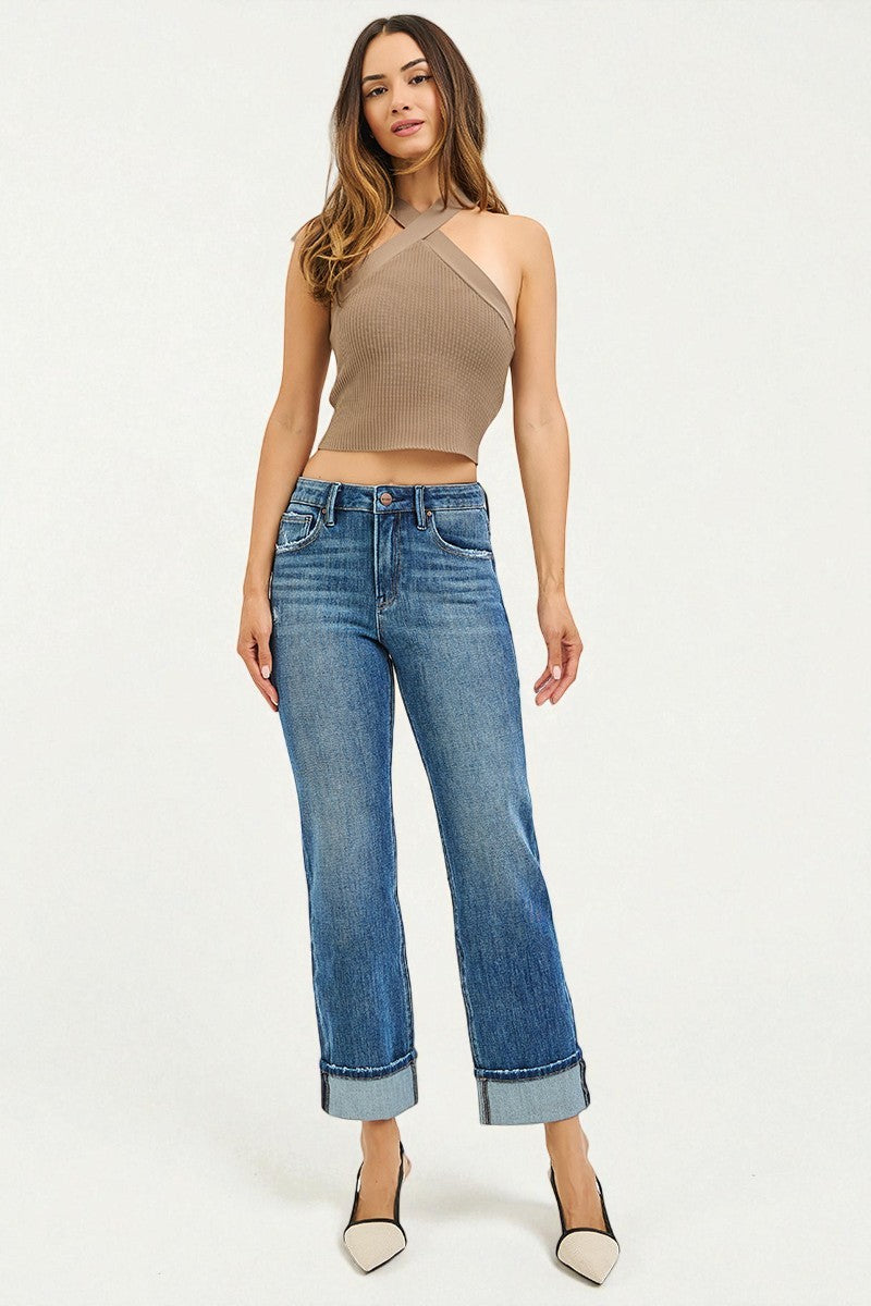 Medium Wash Cuffed Straight Leg Jeans