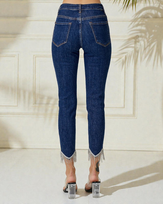 Dark Wash Ankle Rhinestone Fringe Jeans