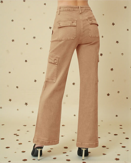 Tan cargo pants on a patterned background