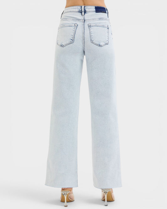 Light Wash Raw Hem Wide Leg Jeans