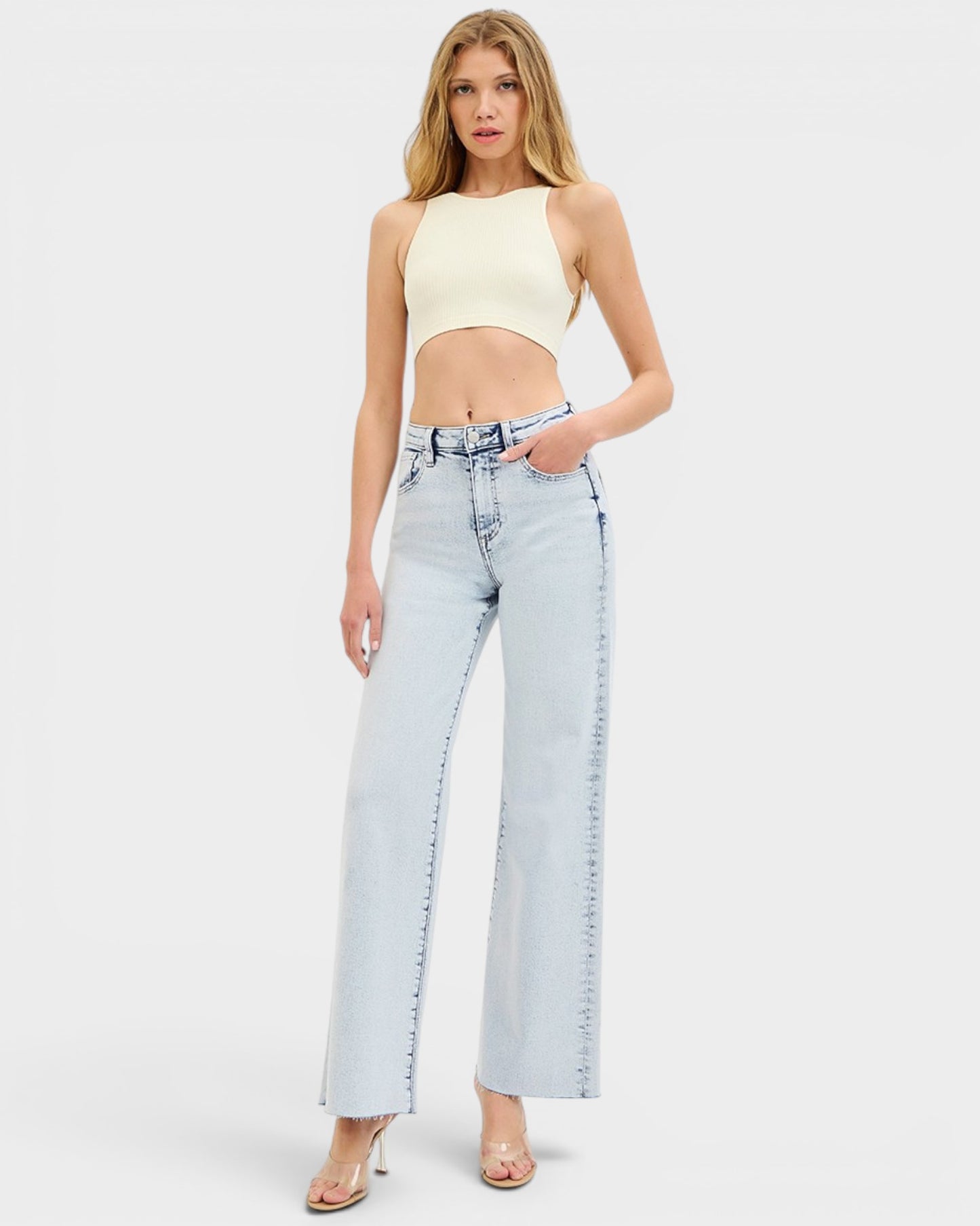 Light Wash Raw Hem Wide Leg Jeans